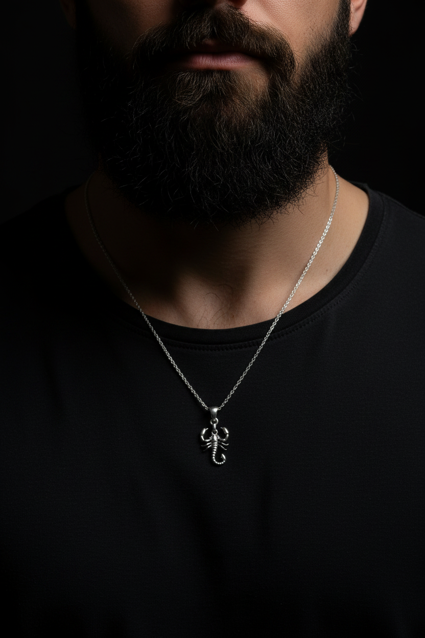 Collana Scorpione - uomo con barba e maglietta
